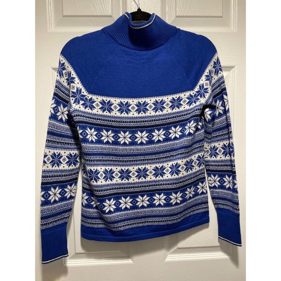 Talbots 1/4 zip Sweater Women's SIZE Medium P Blue & White Fair Isle Snowflake - Picture 2 of 4